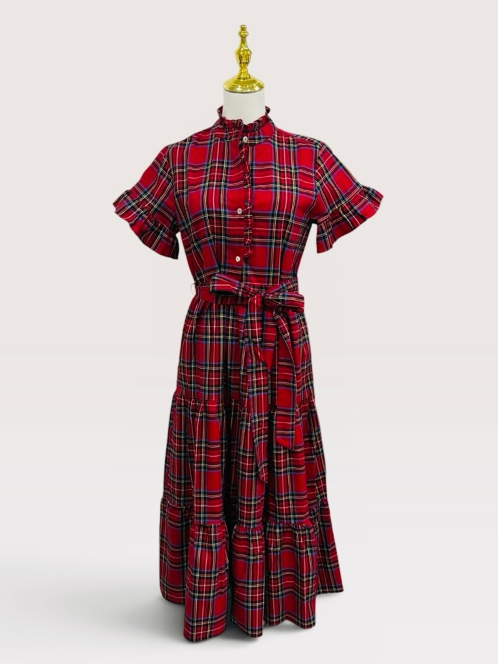 J. MARIE XS HOLLIN BELTED SHORT SLEEVE MIDI DRESS RED TARTAN PLAID NWT $180 - Picture 12 of 15